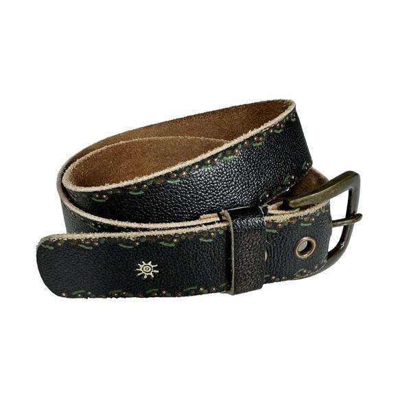 Boho Artisan Black Distressed Painted Floral Belt OS Cottage Western Casual - Picture 2 of 5